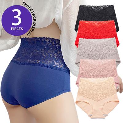 3Pcs/Lot High-waist Lace Women Panties Pure Cotton Crotch Panty Briefs Front and Back Leak-proof Underwear Women‘s Underpants