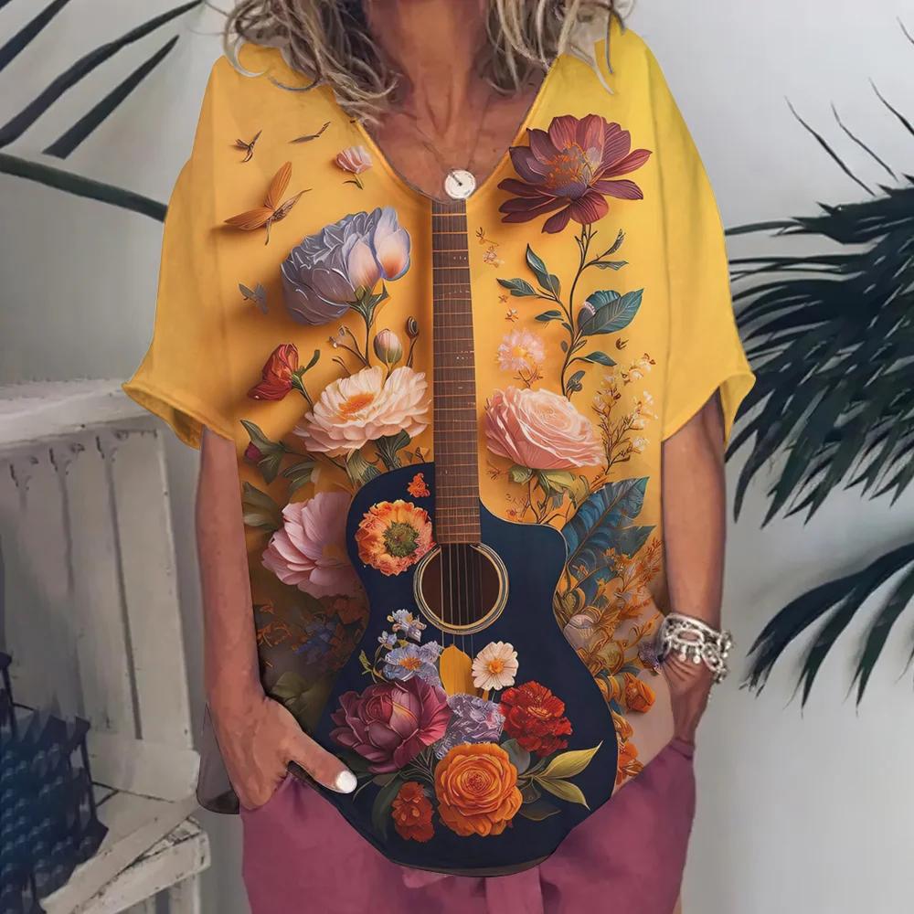 Ρούχα Γυναικεία με Λαιμόκοψη V Oversized Ρούχα Γυναικεία Κοντομάνικα Καλοκαίρι Ρετρό Μπλουζάκι Μόδες Βιολιά Μπλουζάκι με Εκτύπωση Streetwear