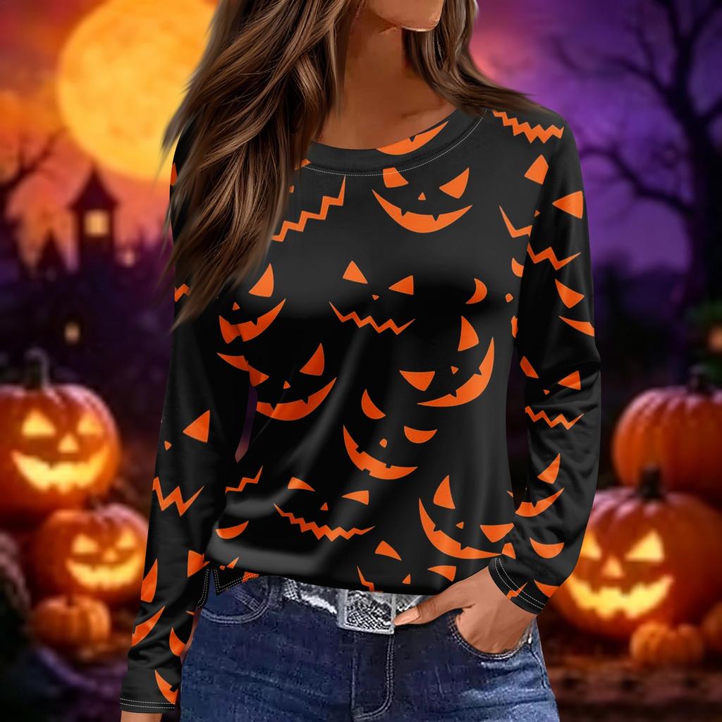 Women's Fashion Long Sleeve Top Crew Neck Halloween Print Split Hem Casual Shirt Lightweight Comfortable Fit