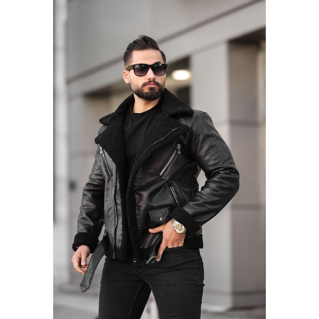 Laminated Leather Double-breasted Coat With Complete Fur Inside