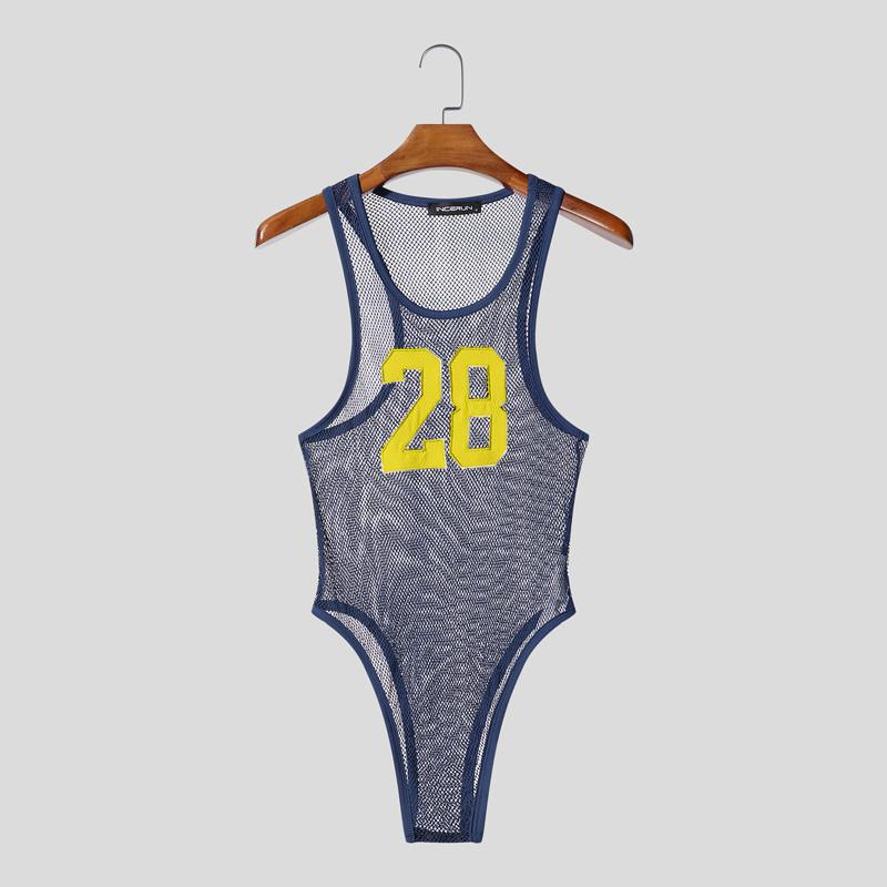 Men Sleeveless Letter Print See Through Transparent Jumpsuits Bodysuits Home Wear