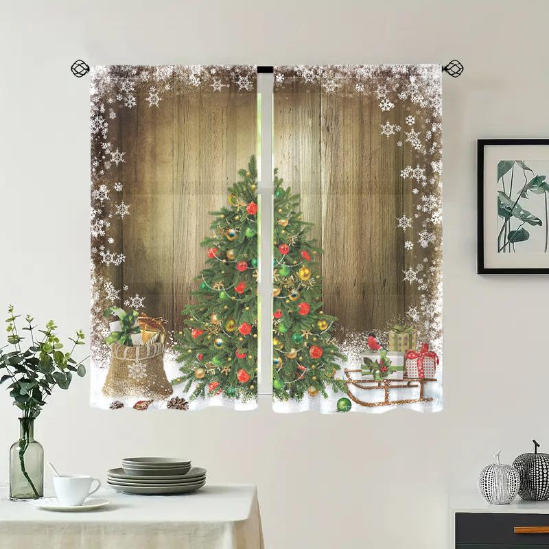 2 Pieces, Christmas Tree Snowflake Wood Curtain -30% Blackout - Suitable for Living Room, Bedroom, Kitchen, Home Decoration