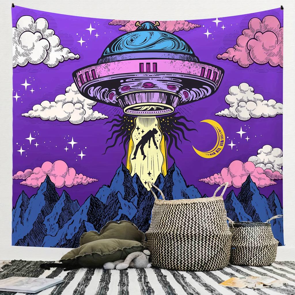 Mystical Ufo Encounter Wall Tapestry For Living Room Decor, Featuring A Stunning Illustration Of An Alien Spaceship Hovering