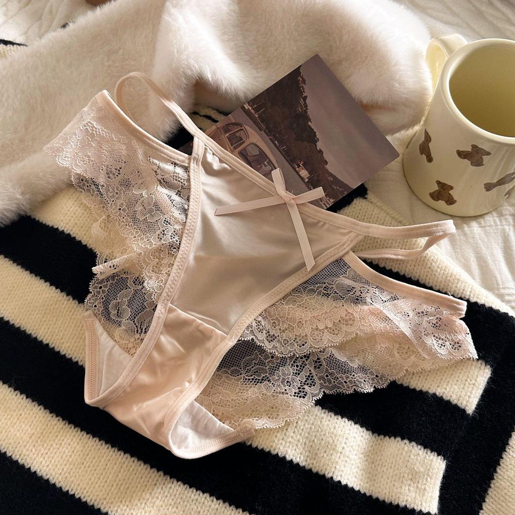 Exquisite Pink Satin Lace Hollow-Out Low Waist Panties for Women