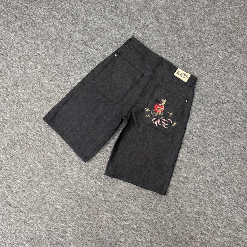 Herren Schwarze Raw Denim Shorts Mit Gesticktem Koi-Fisch Design Schmal Gerader Schnitt Mittlere Bundhöhe Knopfleiste Lässige Streetwear