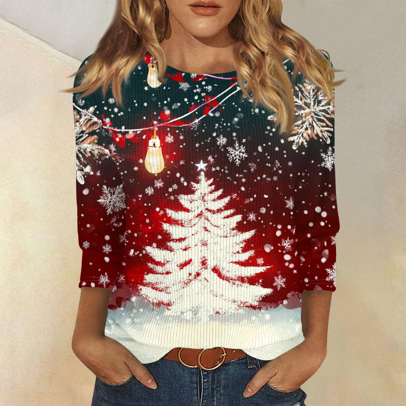 

Женская модная повседневная футболка с круглым вырезом и рукавом три четверти с рождественским принтом L