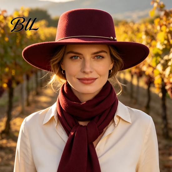 Classic Wide Brim Hat Retro Flat Top Hat, Wool Felt Pork Pie Bowler with Vintage Style Fedora Metal Ring, Trilby for Women Men Autumn Winter