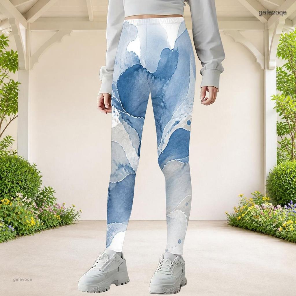 Girls Full Length Fitted Stretch Waist Printed Blue White Yoga Leggings