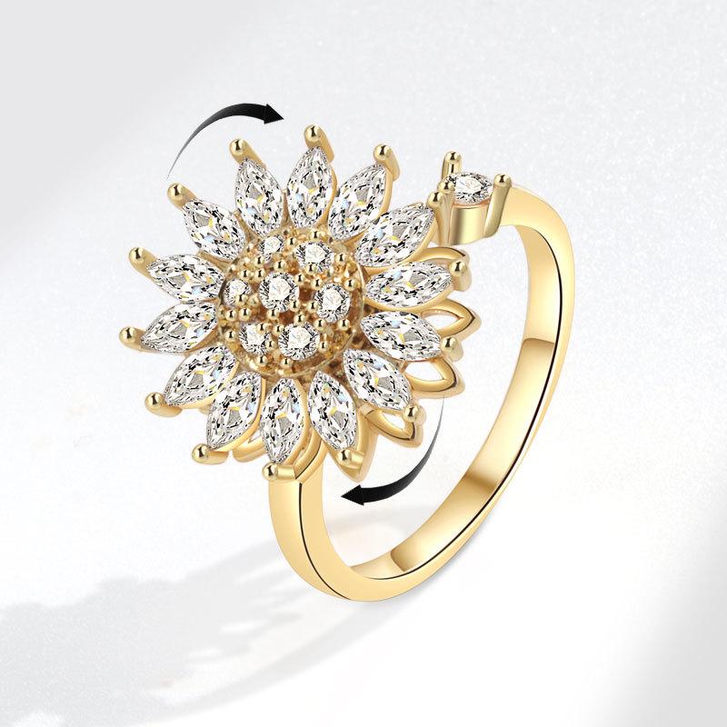925 Sterling Silver Sunflower Diamond Zircon Rotatable Ring For Women Gift Relieve Stress Ring Jewelry