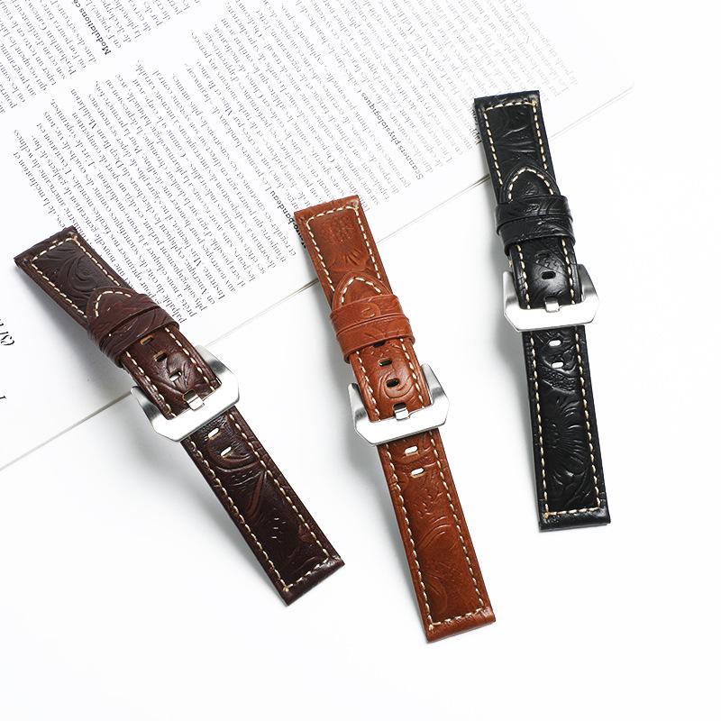 Vintage Crazy Horse Genuine Leather Watch Strap 22mm, Embossed Top Layer Cowhide Sport Band for Panerai