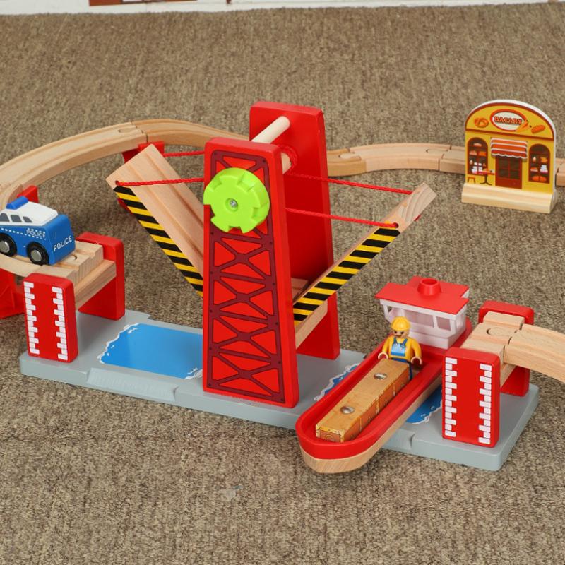 Wooden Train Track Toys Set Lifting Large Suspension Bridge Accessories Track Train Rail Transit Wooden Railway Kids Toys PD82