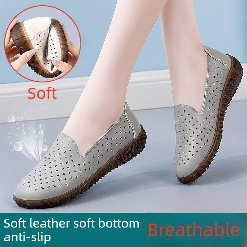 Soft Leather Hollow-out Women's Shoes with Rubber Sole, Breathable Slip-on Shoes for Middle-aged and Elderly Women