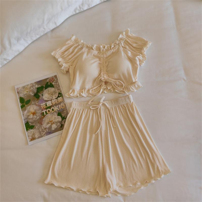 Women's Summer Puff Sleeve Modal Pajamas Set with Integrated Breast Pads - Sexy Pure Desire Homewear