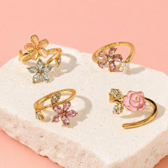 4Pcs/Set Adjustable Ring Set, Pink Flower Multi-Petal Design Finger Ring, Stackable Multi-piece Ring Set for Jewelry Gift