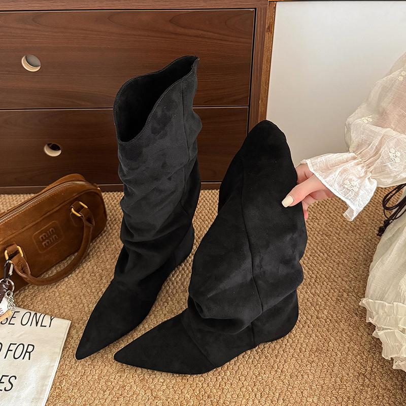 Winter Fashion Pleated Woman Knee-High Boots Pointed Toe Internal Elevation Shoes Street Style Mordern Long Botas Mujer