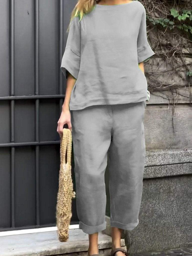 Sommer Neues Damen 2-teiliges Set Große Größe Baumwolle Leinen Hemd Set Hohe Taille Lockere Hose