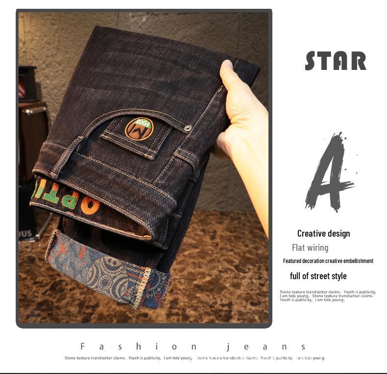 Pánské volné rovné strečové džíny s výšivkou - Trendy podzimní styl 2025 ležérní dlouhé kalhoty