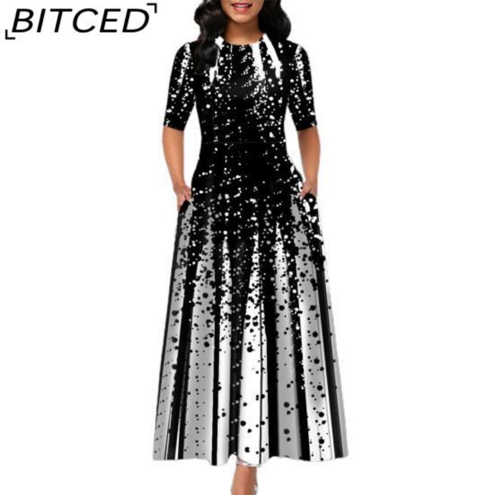 BITCED Casual Women Mid Waist Round Neck Pullover Dress Big Hem Print Dress Short Sleeve Ankle Length Dress Women Dresses