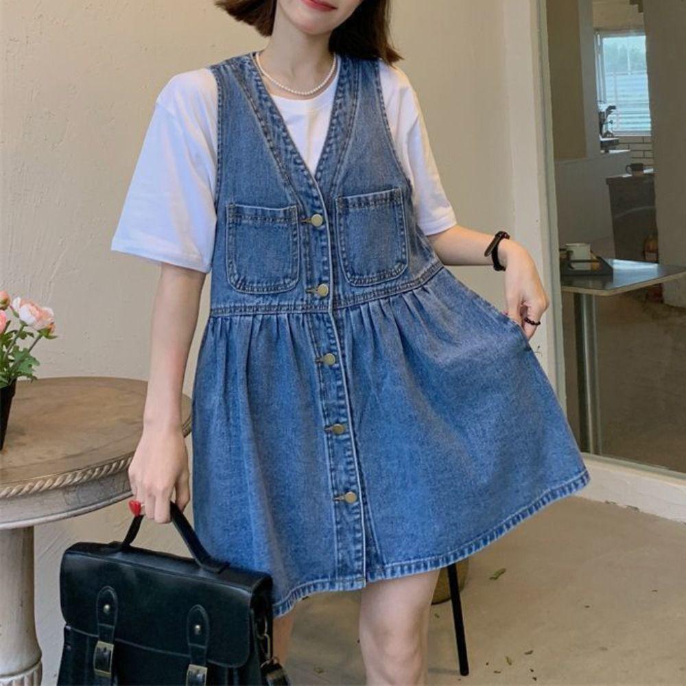 

Pleated Denim Camisole Dress V-neck Sleeveless Short Dress Sweet Cowboy Strap Dress Summer S синій