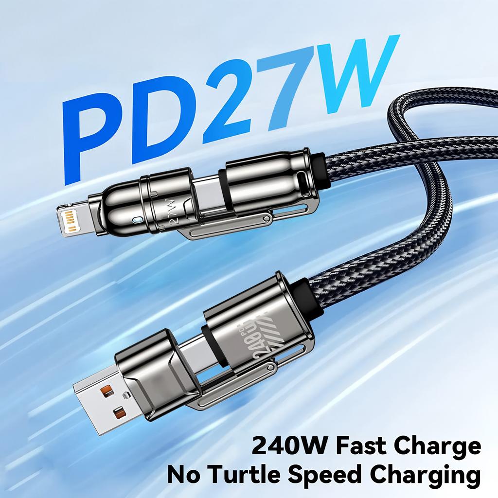 4 In 1 USB C Cable Fast Charging Data Cable 240W PD 27W QC3.0 Multifunction Charger Sync Cord For iPhone Samsung Huawei Xiaomi
