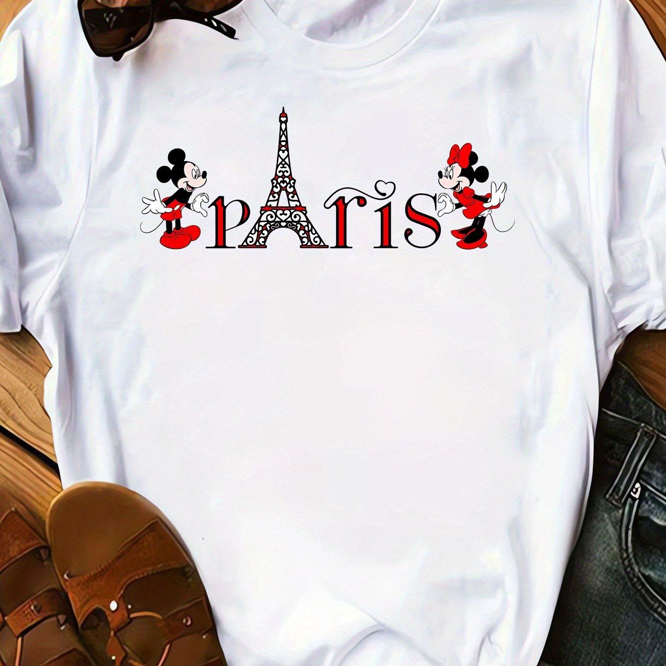 Mickey Mouse and Paris Eiffel Tower Womens Tshirt Four Seasons Unisexs and Womens Pure Cotton Casual Fashion Clothing S
