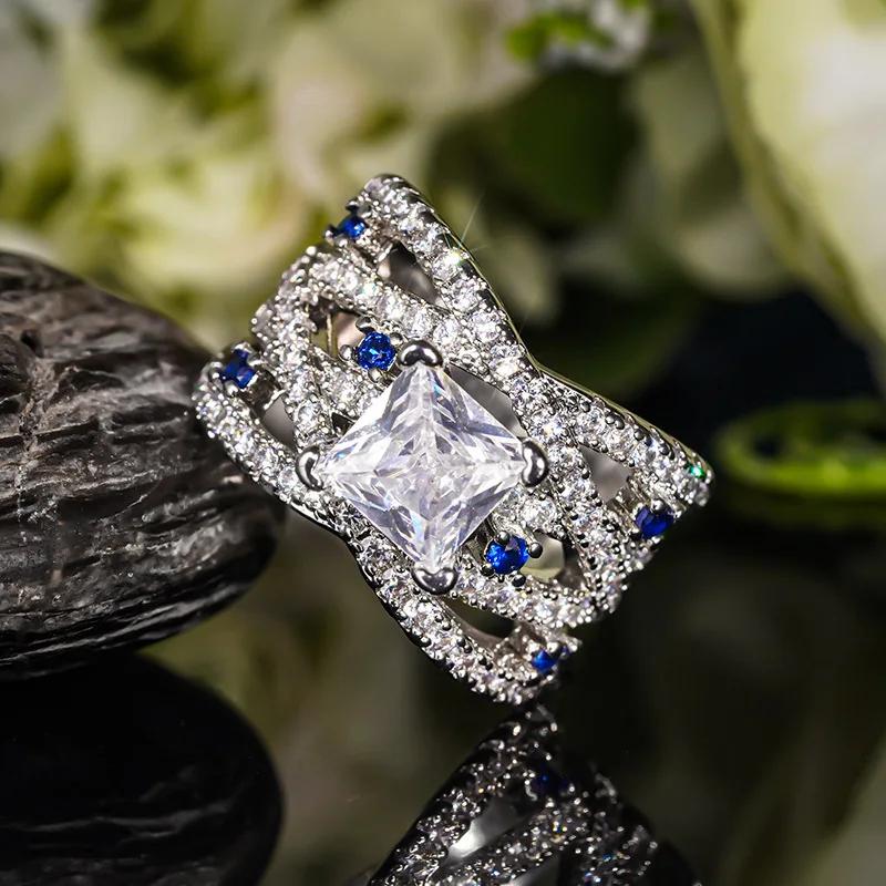European And American High-End Temperament Business Style New Handmade Jewelry Blue And White Inlaid Zircon Line Design Ring