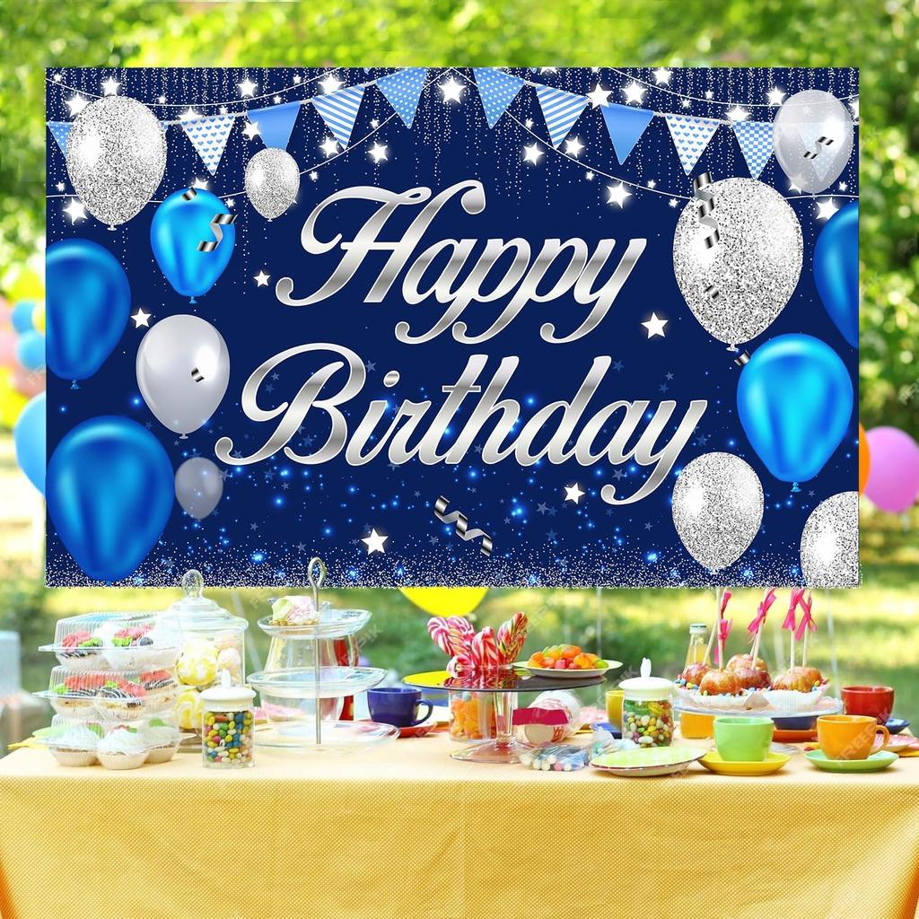 Happy Birthday Banner - Birthday Decorations for Men Women Boys Girls Blue Sliver Birthday Party Banners Welcome Happy Birthday Background Sign Theme