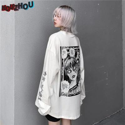 Harajuku Oversize Long Sleeve T-shirt E Girl Anime Printed Japanese Streetwear Hiphop Punk O-neck Gothic Casual T-shirt Tops for Girls Y2k Club Style