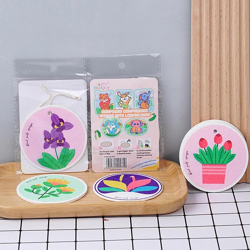 3PCS  Wood Pulp Sponge Dish Towel Kitchen Cleaning Sponge Cloth Round Flower Compression Dish Towel
