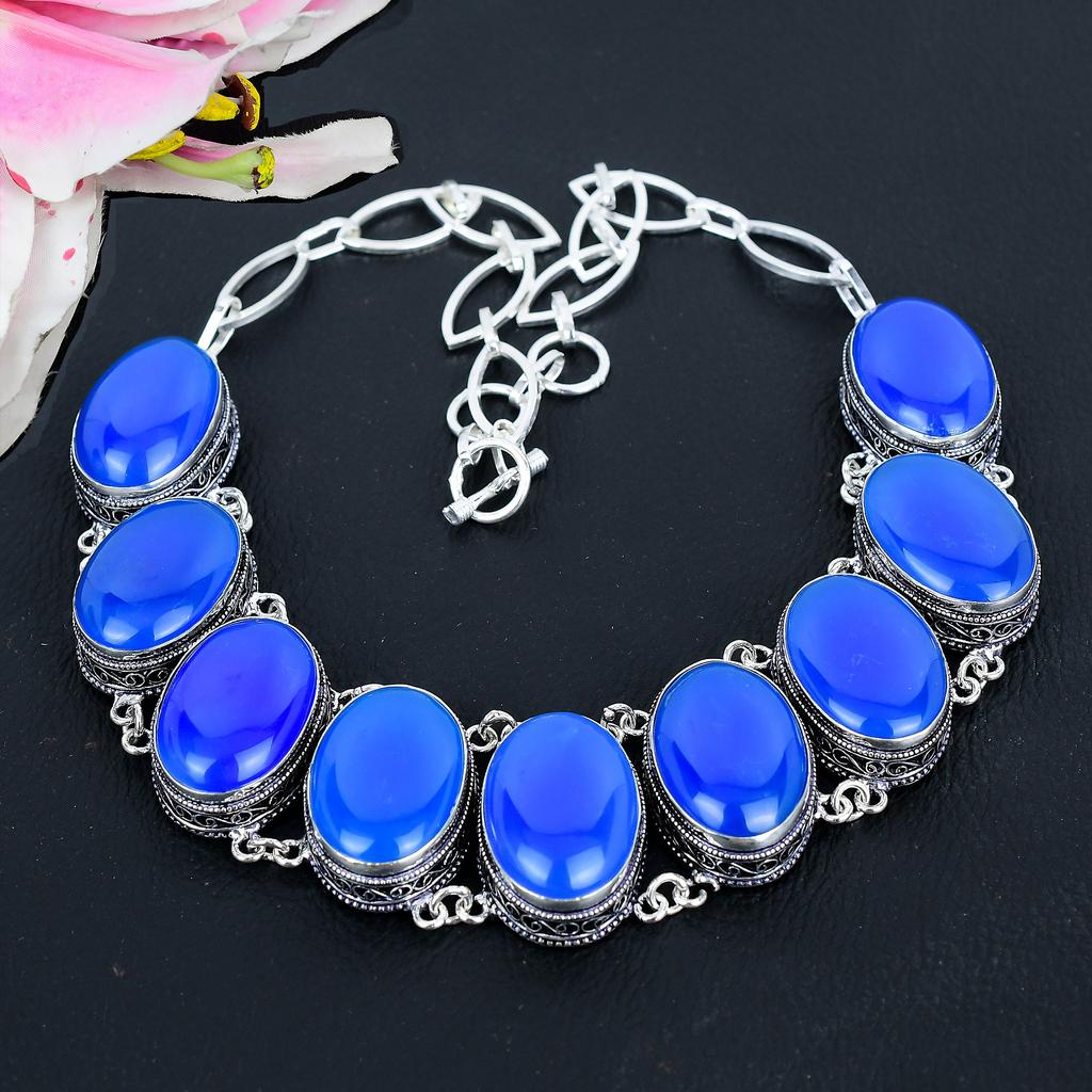 Blue Chalcedony Gemstone Handmade 925 Sterling Silver Jewelry Necklace 18" KG-1631