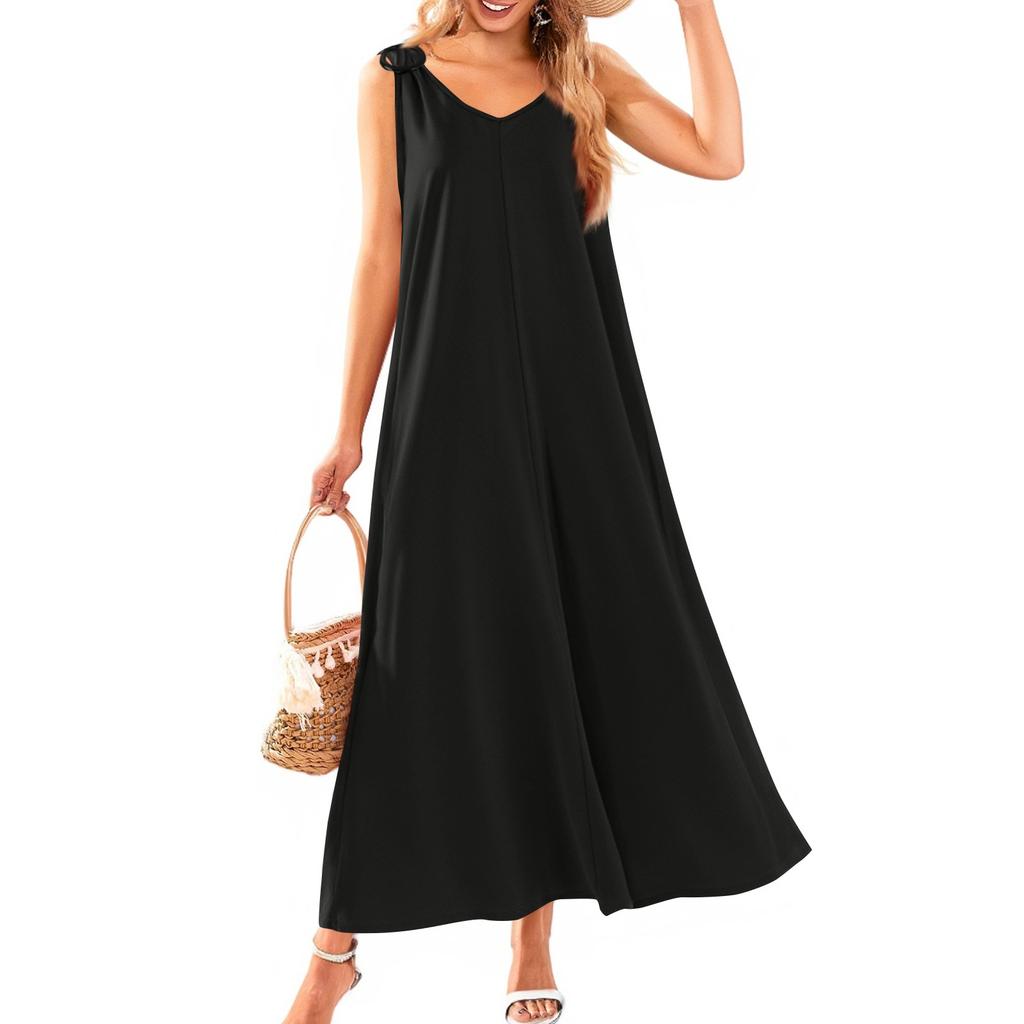 Women's Summer Casual Sleeveless Long Dress V Neck Vest Solid Color Beach Dress