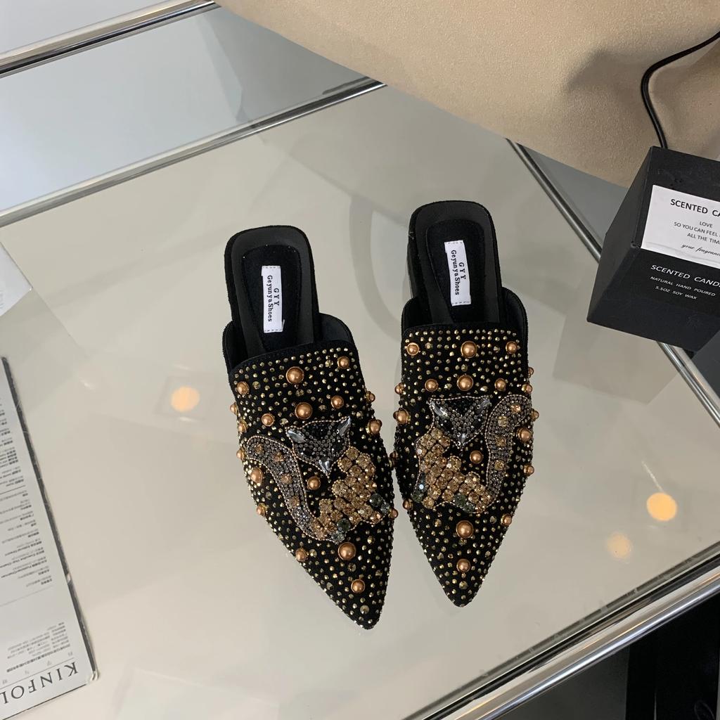 Summer Suede Rivets Rhinestone Fox Ladies Slippers Women Luxury Designer Shoes Comfortable Slippers Sandals Mules