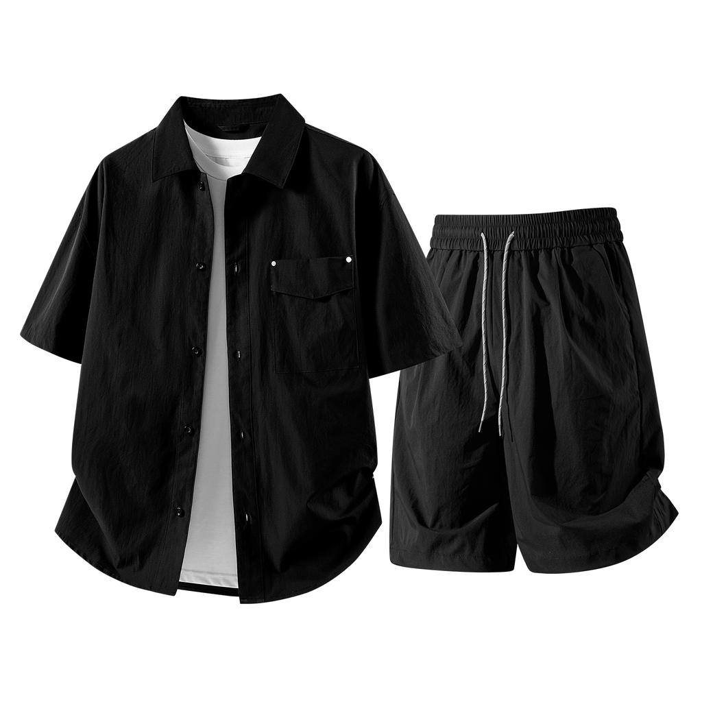 Summer Solid Color Basic Versatile Ice Silk Set Men's Shirt Short Sleeved Set Men's Two-piece Set