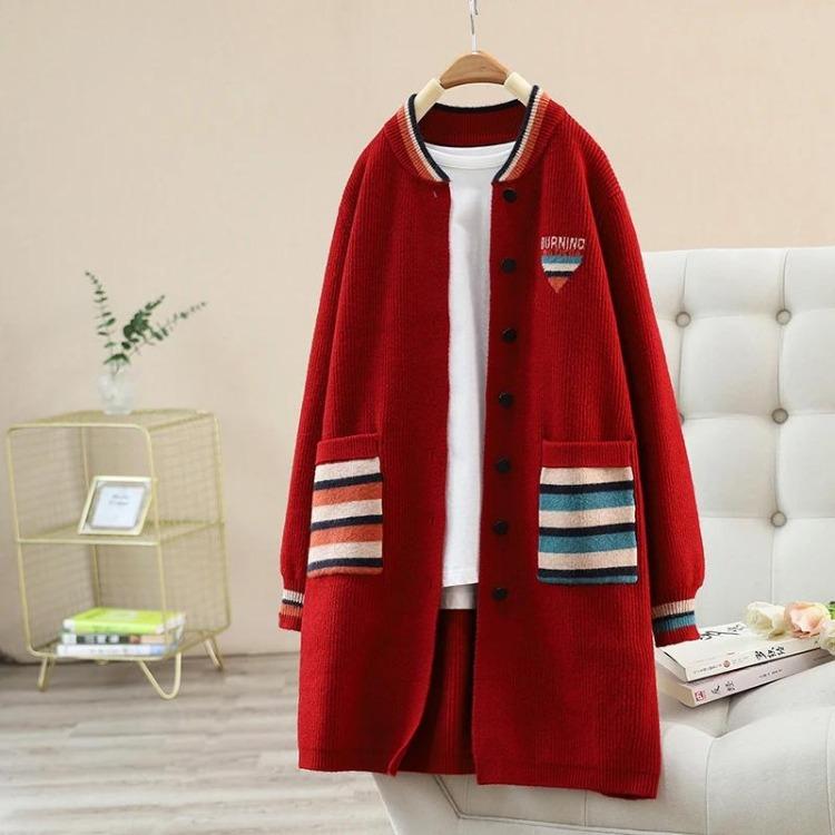 Thick Winter Mid-Length Sweater Coat Loose Fit Striped Knit Cardigan Warm Knitted Trench Coat