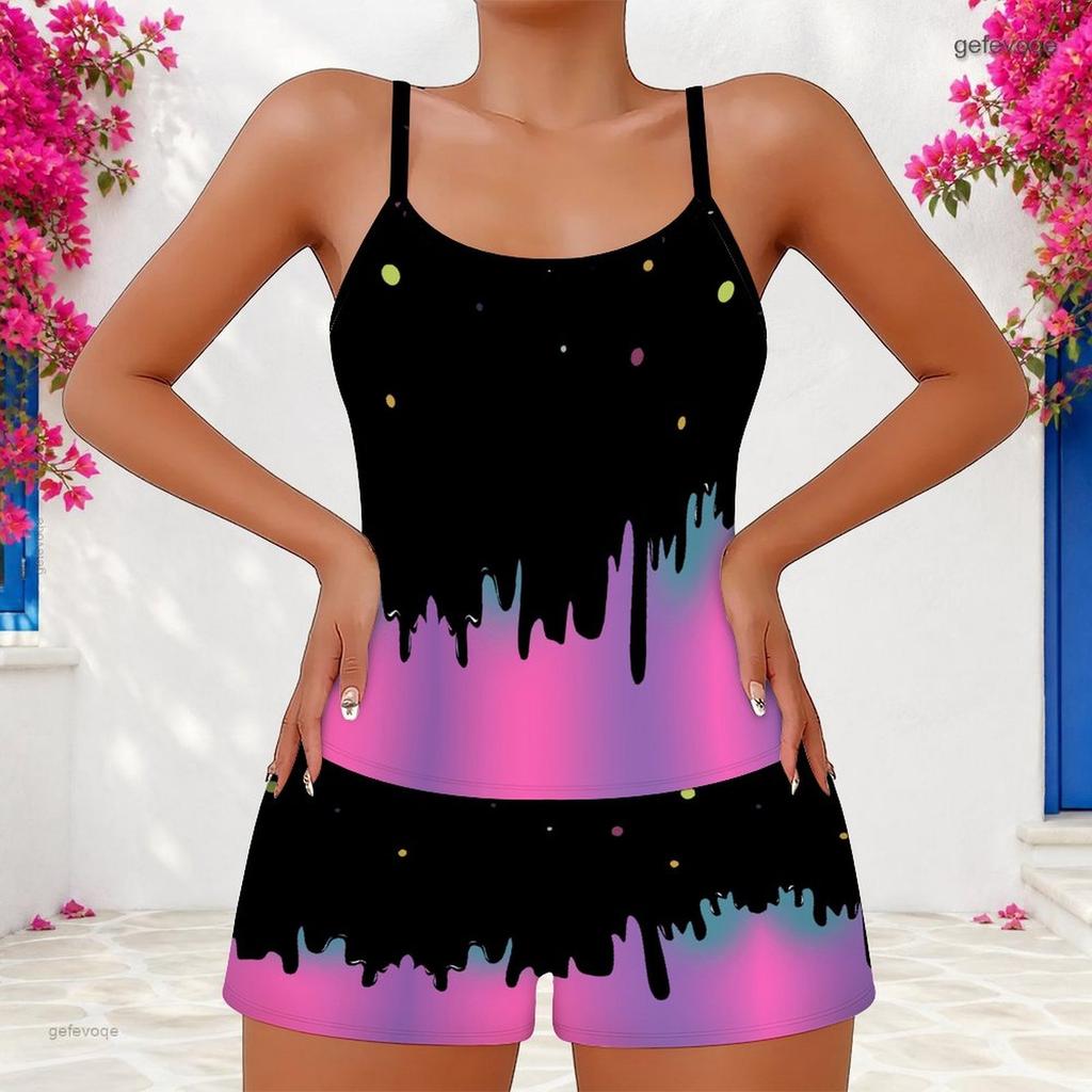 Women Plus Size Camouflage Leaf Printed Scoop Neck Strappy Tank Top Shorts Two Piece Set