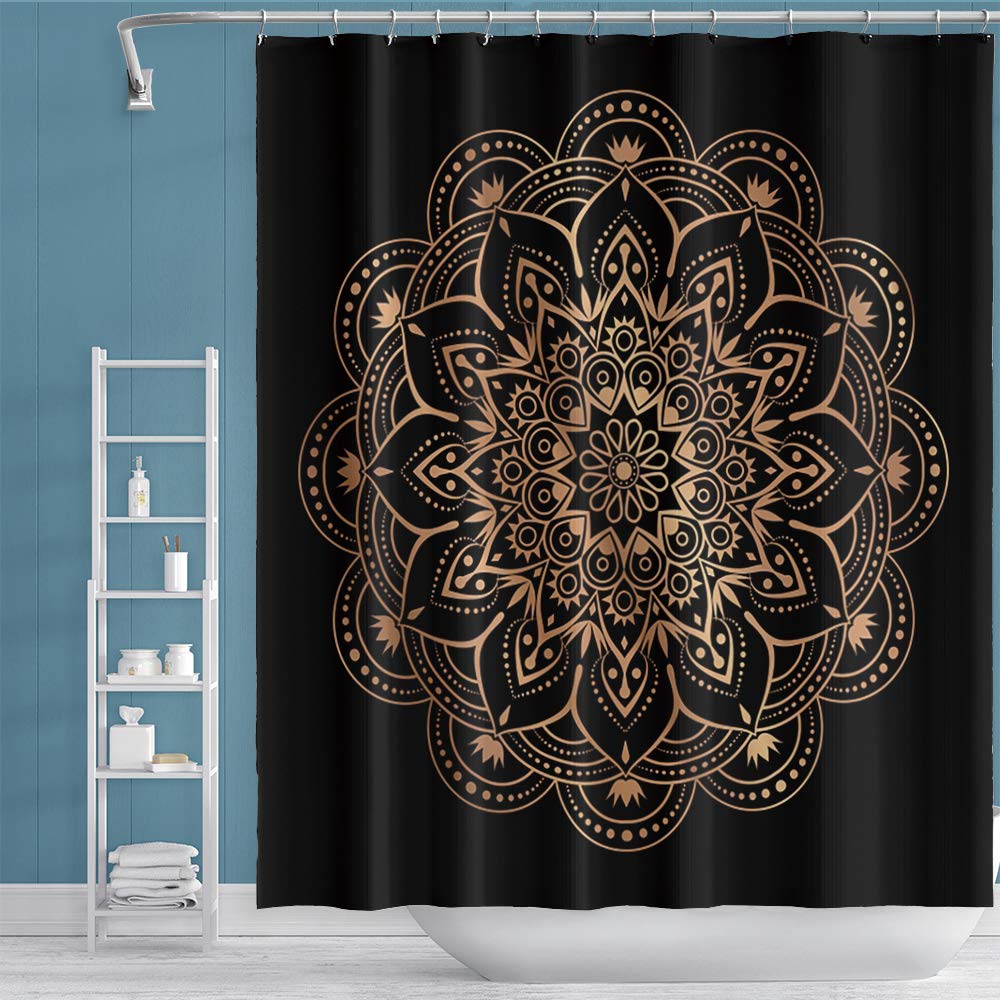 

Bohemia Mandala Flower Shower Curtain Black Gold Bath Curtain Home Bathroom Decor Waterproof Fabric Bathtub Screen With Hooks W60H190(CM)-1 Pcs