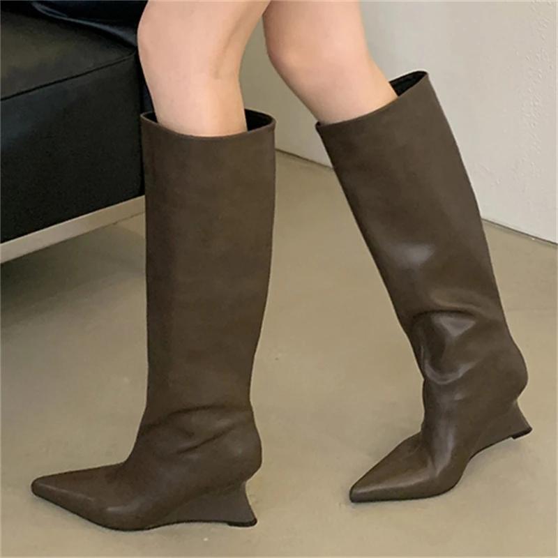 Eilyken Winter Designer Soft Leather Wedges Low Heels Women Knee High Boots Fashion Pointed Toe Long Booties Botines De Mujer