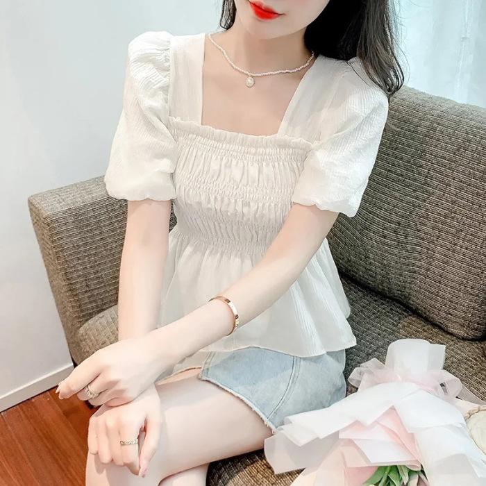 New Summer Design Niche Short Top Covering Belly Small Shirt French Square Collar Short Sleeve Chiffon Shirt Women's Clothing