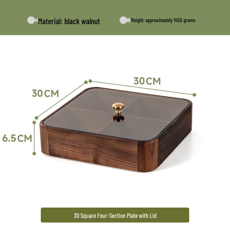 Black Walnut Four-Compartment Candy & Dry Fruit Tray with Glass Lid