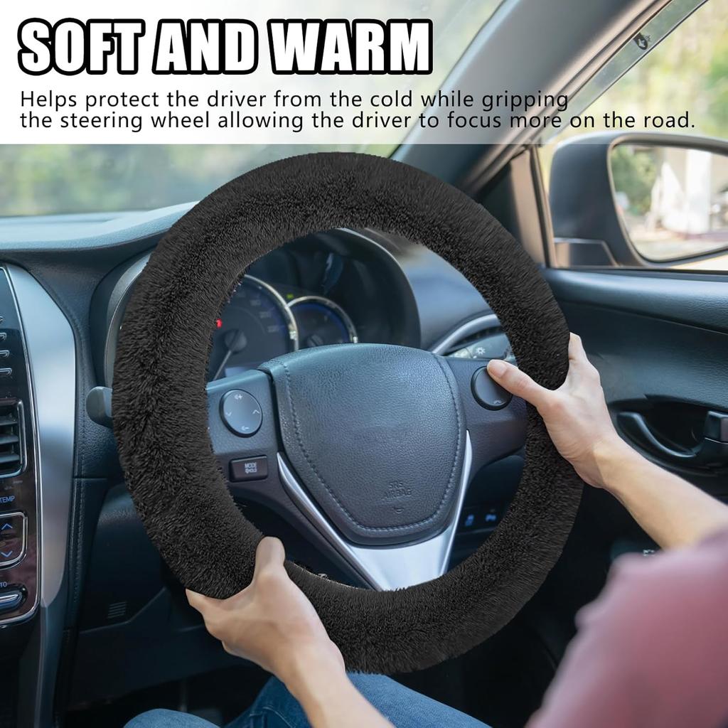 Wuyaoyao Fuzzy Car Steering Wheel Cover, 15'' Soft Auto Steering Wheel Protector For Warm Winter, Elastic Anti-Slip Fluffy Wheel Covers, Car