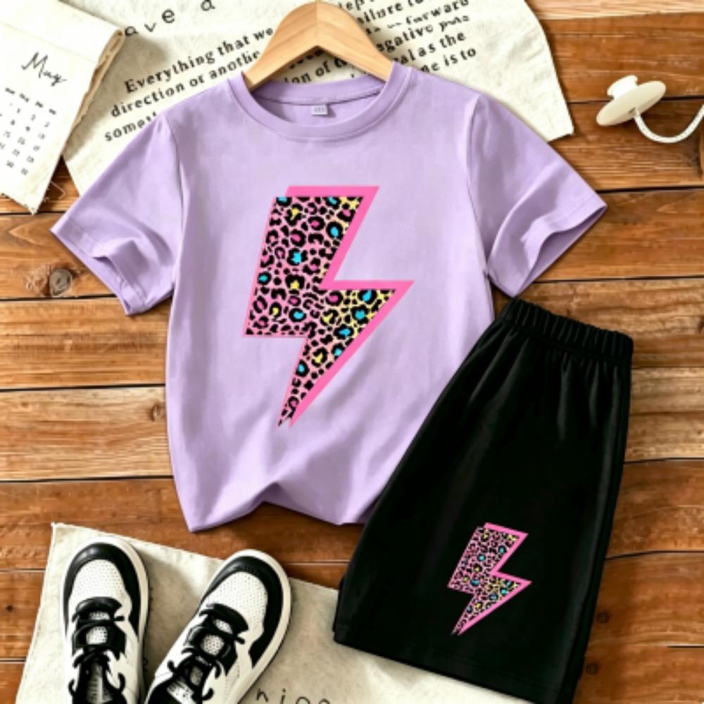 Kids Leopard Lightning Fun Printed 11 Colors Outdoor Street Kids T-shirt and Shorts 2 Piece Set Summer Home Casual Outfit Boy and Girl's Sports Set