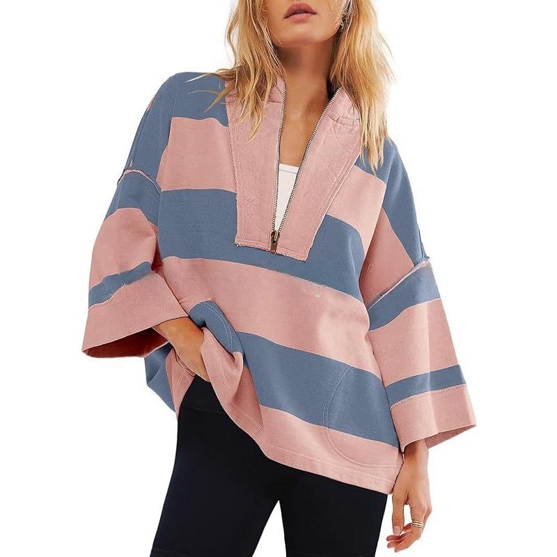 Women's Oversized Striped Shirt Half Zip Sweatshirt Patchwork V Neck Top Casual Loose Pullover
