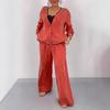2025 Autumn/Winter European-American Patchwork Round Neck Cardigan & Wide Leg Pants Set for Women.