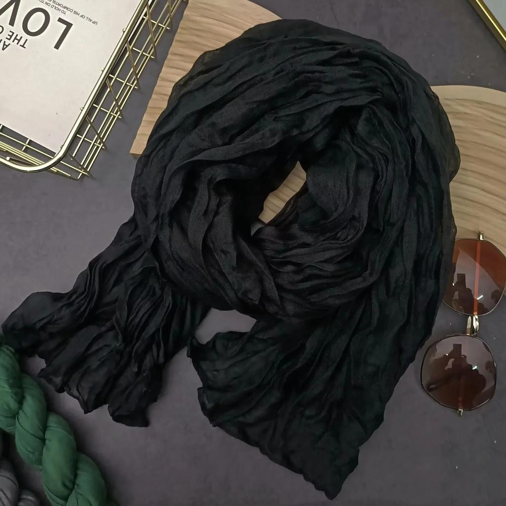 Solid Color Cotton Linen Scarf Retro Autumn Winter New Pleated Green Thin Strip Shawl Men'S Women'S Thermal Silk