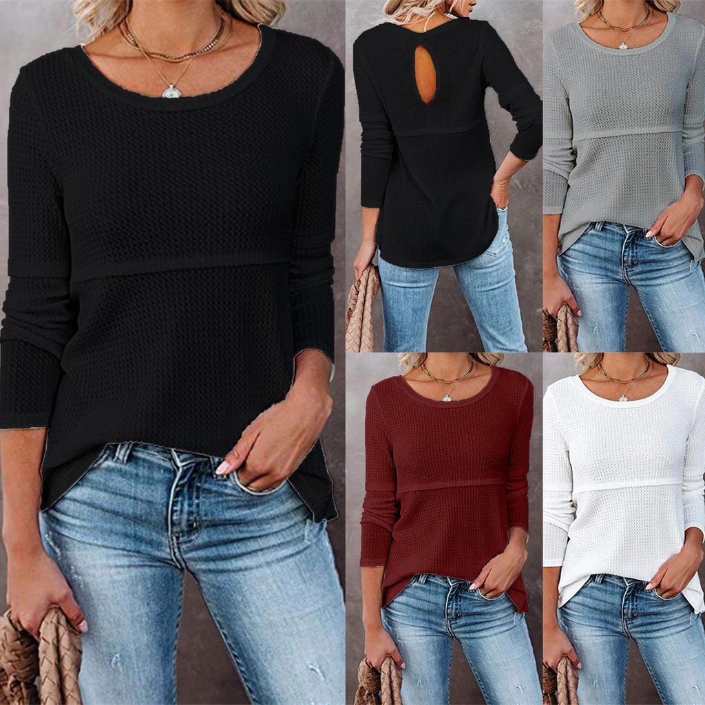 Women's  Loose Round Neck Long Sleeve Hollow Back Top