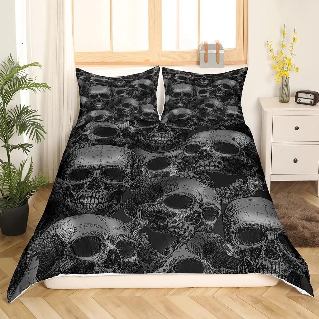 Poszewka na kołdrę z czaszką Złota korona Zestaw pościeli, Drukowana 3D Halloweenowa czaszka z dwiema pięknościami Zestaw poszewek na kołdrę, Poszewka na kołdrę z koroną