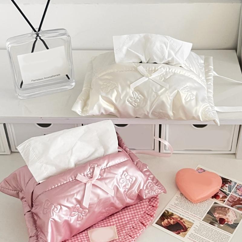 PU Tissue Holder with Ribbon Detail, Decorative Tissue Cover Bag with Upper Opening for Coffee Table Daily Home Use