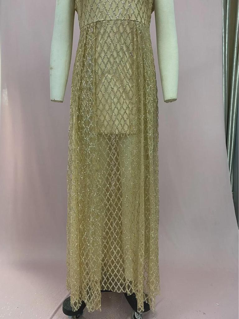 2025 European & American Women's V-Neck Gold Stamped Maxi Dress with Slit