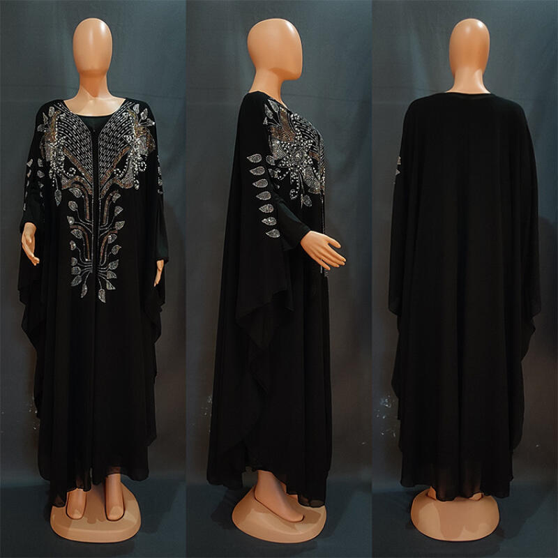 Abito Abaya in Chiffon da Donna Robusto con Strass Set 2 Pezzi Manica Lunga Sottoveste Taglia Unica Borgogna Nero Viola Verde Blu