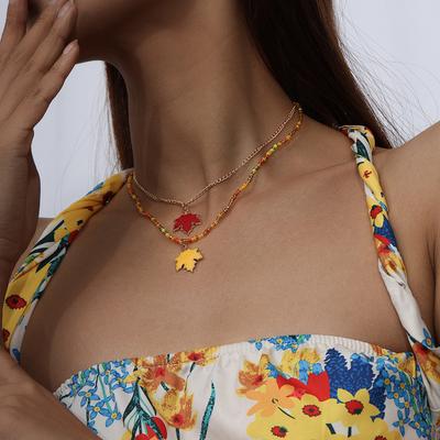 Fashionable Maple Leaf Pendant Necklace Crystals Autumn Leaves Jewelry for Women with Dainty Double Layer Designs